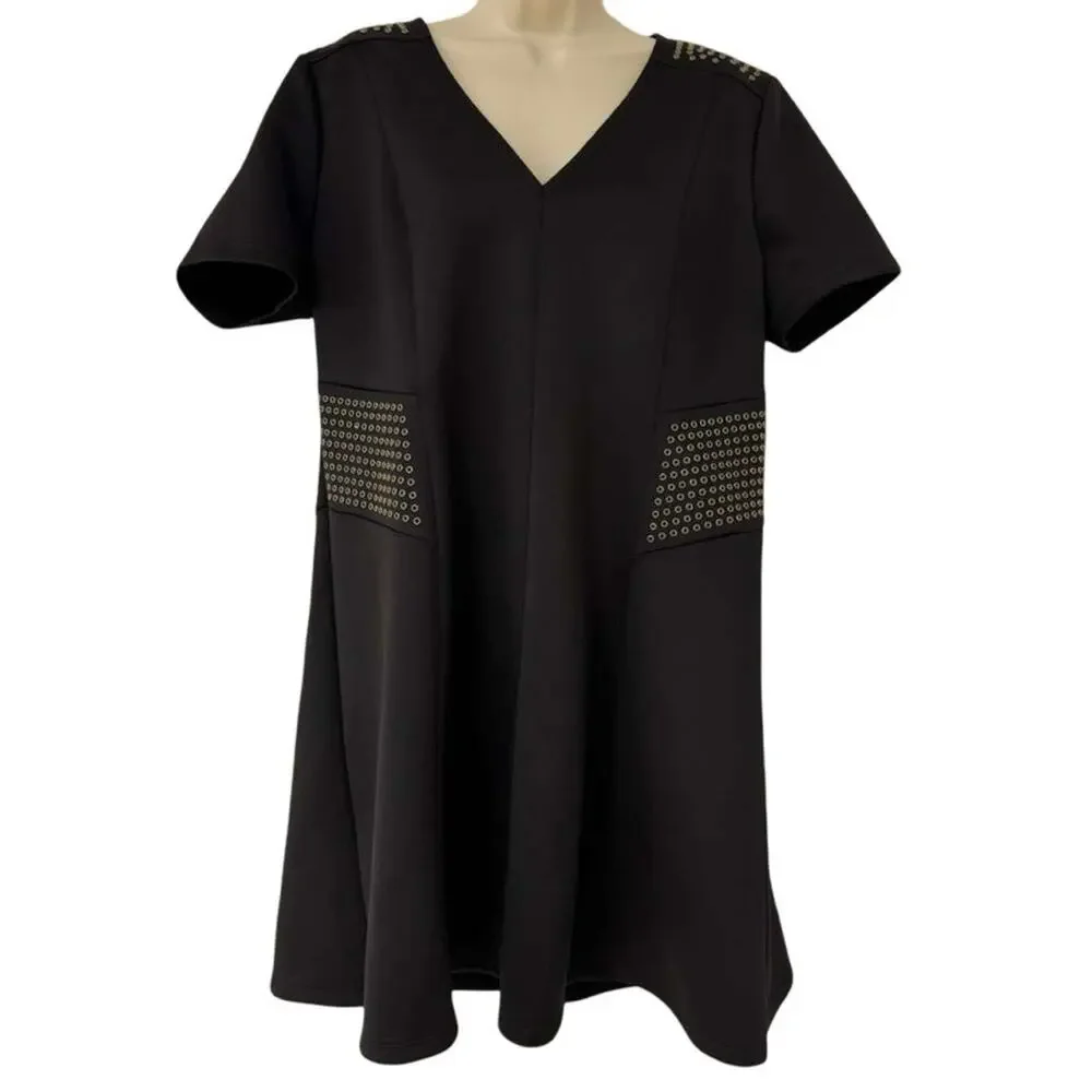 Michael Kors Womens Black Scuba Knit Studded V-Neck Mini Dress Stretch sz XL